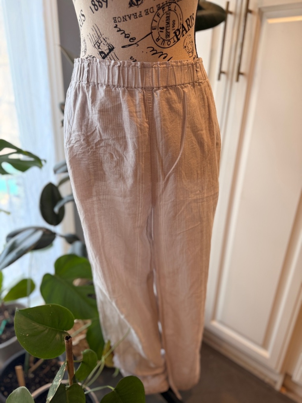 Sigrid Olsen Elastic-Waist Pants in Light Beige stripes